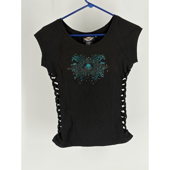 Harley-Davidson Tops - Harley Davidson Skull Woven Side Y2K Moto Biker Grunge Stretch Top S